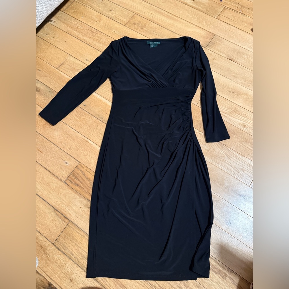 Ralph Lauren Black Ruched Faux Wrap Dress